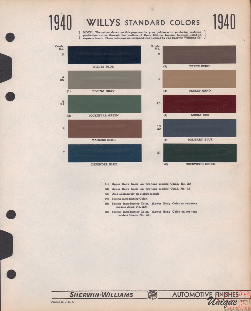 1940 Willys Paint Charts Williams 1